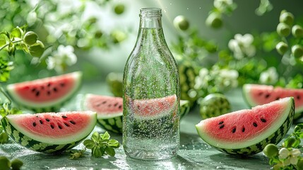 Wall Mural - Refreshing Watermelon and Sparkling Water on a Green Background