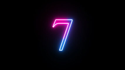 Glowing neon numeric number 7. Purple and blue neon font alphanumeric 