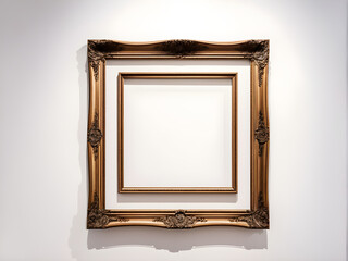 Empty frame on white wall in Museum. place for pictures. Antique Framework. Vintage picture frame on white wall.