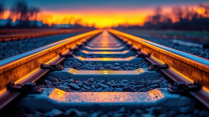 Sticker - Railroad Tracks at Sunset   Journey  Transportation  Adventure  Travel  Railroad  Rails  Sunset  Golden Hour  Pathway  Journey  Destination  Perspecti