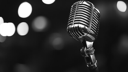 Classic vintage microphone on stage with soft lighting creating an atmospheric background