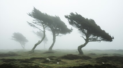 Foggy landscape with trees bent by strong winds, symbolizing nature ability to withstand adversity.