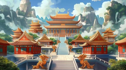 Wall Mural - anime background of the huge temple in the mountain