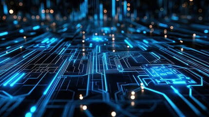 Poster - Futuristic circuit board design with glowing blue lines, symbolizing advanced technology and connectivity.