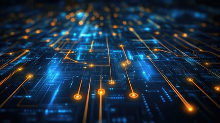 Poster - Futuristic circuit board graphic with glowing lines and nodes, symbolizing digital technology and innovation.