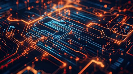Poster - Futuristic digital circuit board with glowing lines and patterns, showcasing advanced technology concepts.