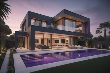 modern cozy house with pool and parking, luxurious style and beautiful landscaping on background. ai generative