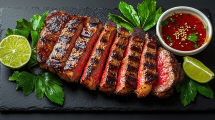 Grilled Beef Steak with Lime  Parsley  and Chili Sauce on Slate Plate