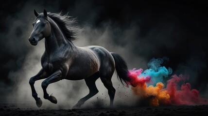 Poster - Black Horse Running With Colorful Smoke