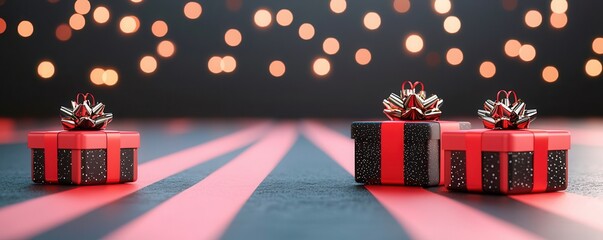 Wall Mural - Gift Boxes with Red Ribbon and Bows on Black and Red Striped Surface.