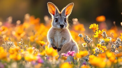 Canvas Print - Adorable Baby Kangaroo in a Field of Flowers