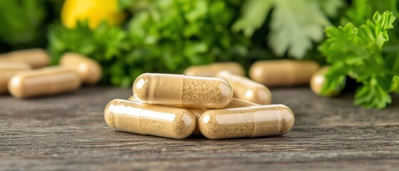 Close-up of herbal capsules on a wooden table surrounded by fresh herbs, herbal supplements, natural alternatives to modern medicine