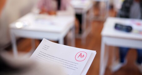 Poster - Grade, school and teacher with results, closeup and academic with education. Success, achievement or evaluation with documents, learning or studying with positive feedback or development in classroom