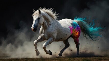 Canvas Print - White Horse with Rainbow Tail