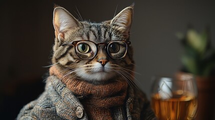 Sticker - A stylish cat wearing glasses and a cozy sweater poses beside a glass of drink in a warm indoor setting