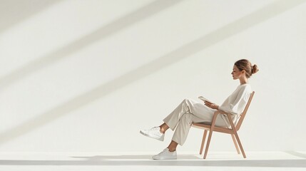 Poster - Person in neutral clothing sitting in a minimalist chair, side view, soft shadows.