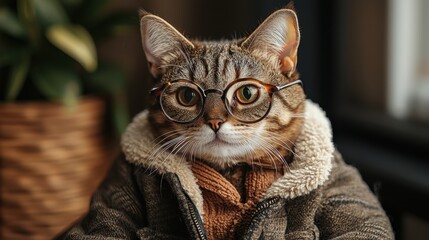 Sticker - A stylish cat wearing glasses and a cozy jacket indoors, relaxing in a warm and inviting environment during the afternoon