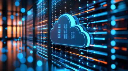 Poster - Server Room and Cloud Computing Icon. Digital Cybersecurity, Software, and Online Storage in IT Systems