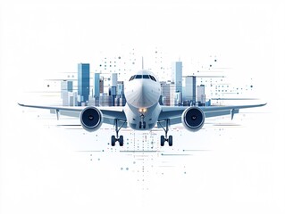 Poster - flat vector airplane flying over a city.