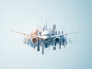 Poster - Flat vector airplane flying over a city.