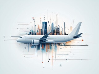 Poster - flat vector airplane flying over a city.