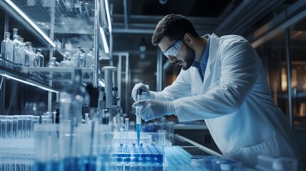 Poster - Scientist in a Lab Coat Using a Pipette to Transfer Blue Liquid into a Test Tube Tray