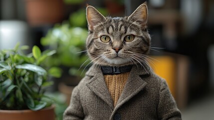 A stylish cat dressed in a brown coat and sweater stands confidently among lush indoor plants in a cozy setting