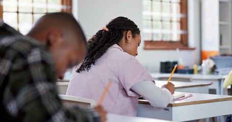 Canvas Print - Education, studying and writing with girl in classroom for learning, scholarship and anatomy. Biology, knowledge and future with people at STEM school for information, development and academy