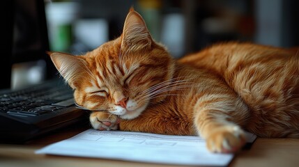 Sticker - A cozy orange cat sleeping on paper next to a laptop in a comfortable workspace during the afternoon