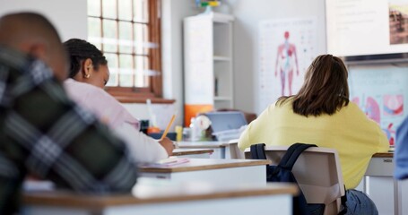 Aufkleber - Education, study and writing with students in classroom for learning, scholarship and anatomy. Biology, knowledge and future with people at STEM school for information, development and academy