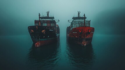 In the quiet of night, two imposing cargo ships sail through a fog-covered harbor, their lights softly illuminating the calm water beneath.