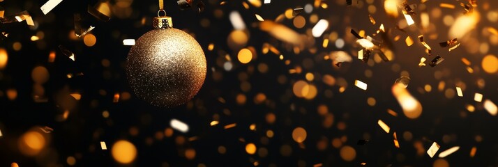 Wall Mural - A single golden Christmas ornament hangs against a black background, surrounded by falling confetti. The image evokes feelings of celebration, joy, and the festive spirit of the holidays.