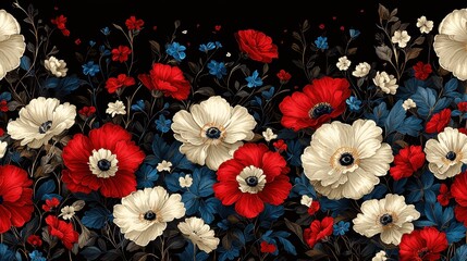 Poster - Red White   Blue Flowers Seamless Pattern Floral Design