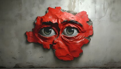 Artistic interpretation of human emotions on an ancient red wall featuring a striking statue with expressive eyes