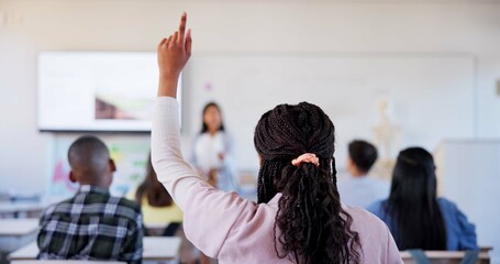 Canvas Print - Education, study and question with students in classroom for learning, scholarship and anatomy. Biology, knowledge and future with people at STEM school for information, development and academy