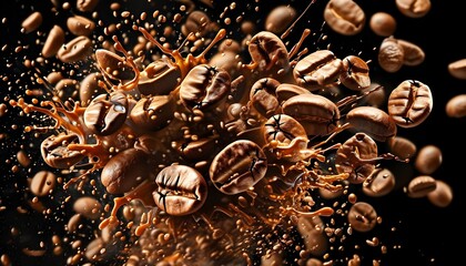 Wall Mural - Dynamic splash of roasted coffee beans and rich coffee juice on a sleek black background