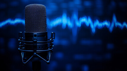 microphone captures sound waves in a dark studio setting with blue lighting effects
