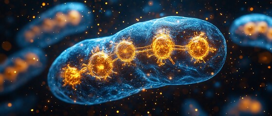 Wall Mural - Microscopic view of a cell with glowing orange particles.