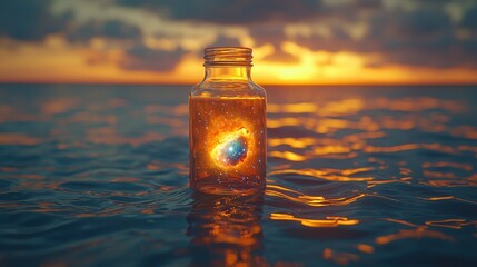 Wall Mural - Glass Bottle with Galaxy Inside Floating on Ocean at Sunset