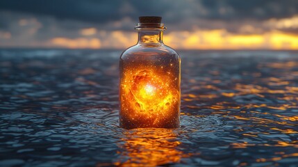 Wall Mural - Glass Bottle with Glowing Nebula in Ocean at Sunset