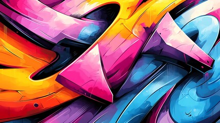 A vibrant street symphony of colorful shapes and graffiti lines, rhythmic flow of neon colors and bold angles, harmonious blend of jagged edges and smooth forms,