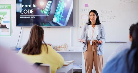 Poster - Education, teacher and students with presentation in classroom for introduction to coding and learning. Woman, kids and happy with lesson, studying and software course for knowledge and scholarship