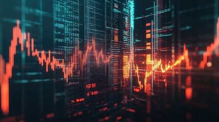 Poster - Stock market data with glowing lines and graphs depicting price fluctuations in a modern digital design.