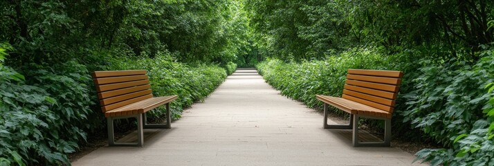 A tranquil park pathway lined with lush green foliage, inviting relaxation and contemplation. Two benches offer a peaceful spot to rest and enjoy the serene surroundings.