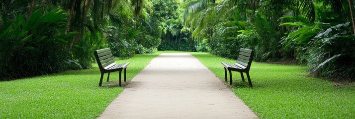 A tranquil park pathway lined with lush greenery, inviting relaxation with two inviting benches.