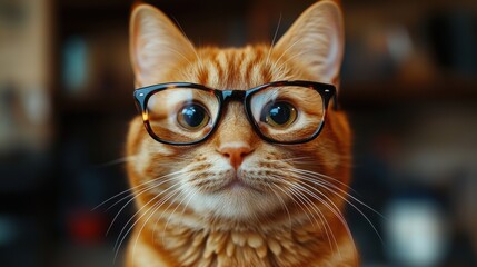 Wall Mural - Cute orange tabby cat wearing glasses, posing indoors with a curious expression in a cozy, well-lit setting