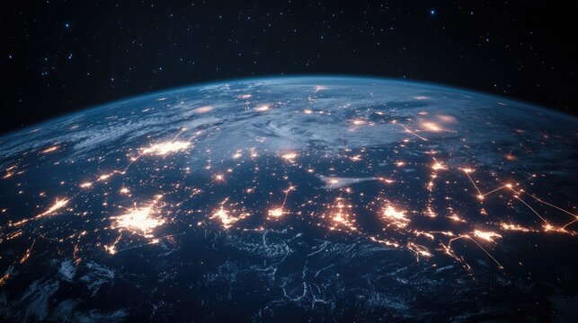 Stylized planet Earth with network connections spanning across its surface, forming a futuristic visual.