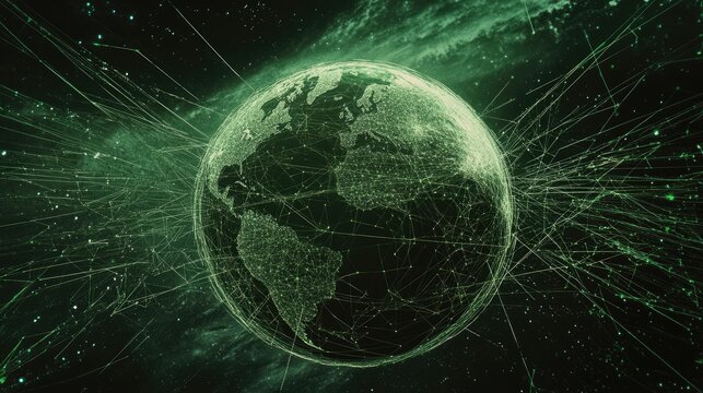 Stylized planet Earth with network connections spanning across its surface, forming a futuristic visual.