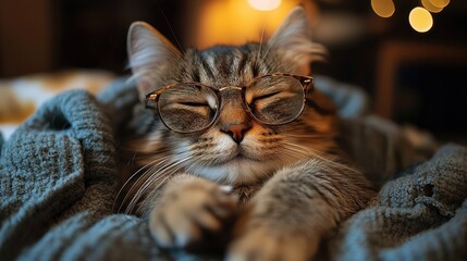 Sticker - A cozy cat with glasses relaxing under a blanket in a softly lit room during the evening hours