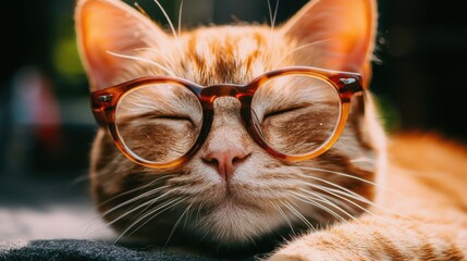 Sticker - A relaxed ginger cat wearing stylish glasses enjoys a sunny afternoon outdoors in a cozy garden setting